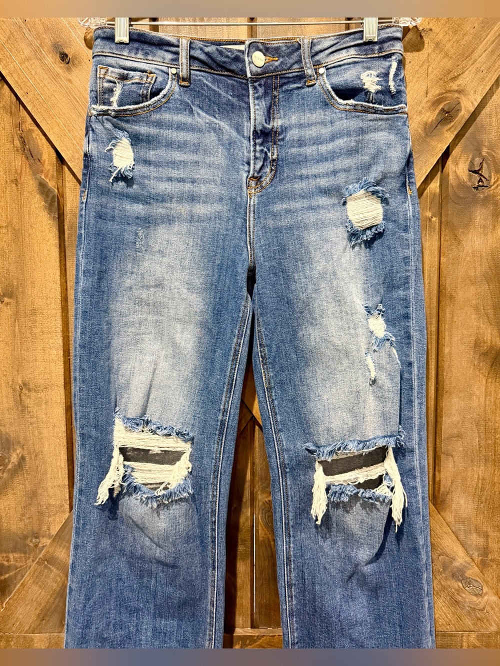 Risen Distressed High Waist Wide Leg Jeans - Picture 2 of 12